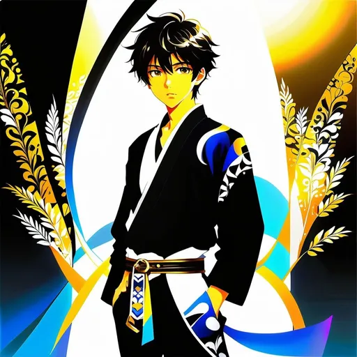 Prompt: Create a high-contrast anime-style illustration of a 16-year-old teenage boy with dark hair. He is dressed in black pants and a white haori adorned with intricate patterns, worn over a black shirt with golden buttons. The boy wears a belt equipped with multiple pouches designed for storing various useful items. His gaze is directed towards the camera with a sense of curiosity and determination as he wanders through a vast plain filled with tall grass, the sunlight casting dramatic shadows and highlights across the scene.