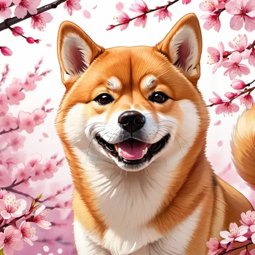 Prompt: High-definition, cute illustration of a playful Shiba Inu, vibrant and lively colors, anime style, detailed fur with warm highlights, endearing expression, whimsical cherry blossom background, best quality, vibrant colors, realistic, detailed fur, playful, cherry blossom, endearing expression, high definition, lively atmosphere, mouth closed
