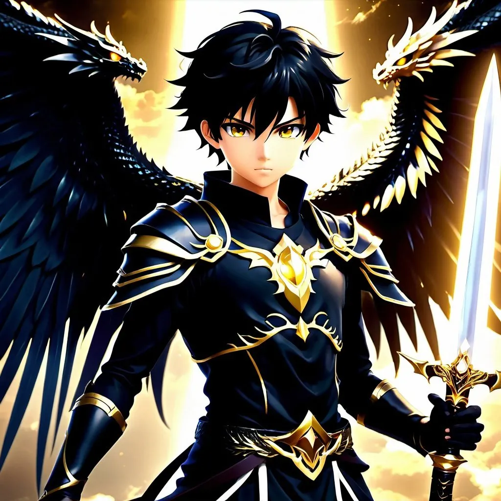 16-year-old anime boy with a black dragon and a dark...