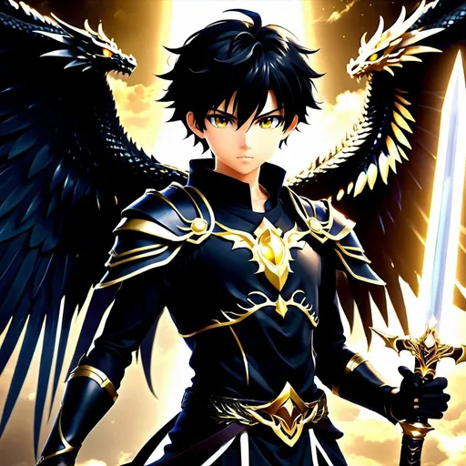 Prompt: 16-year-old anime boy with a black dragon and a dark aura sword, facing a god-like angel with 10 wings, glowing eyes and a golden sword, medium animation, fantasy, detailed black hair, intense gaze, dark aura, ethereal angelic figure, dragon companion, golden glowing angel, anime, fantasy, medium animation, detailed eyes, dramatic lighting