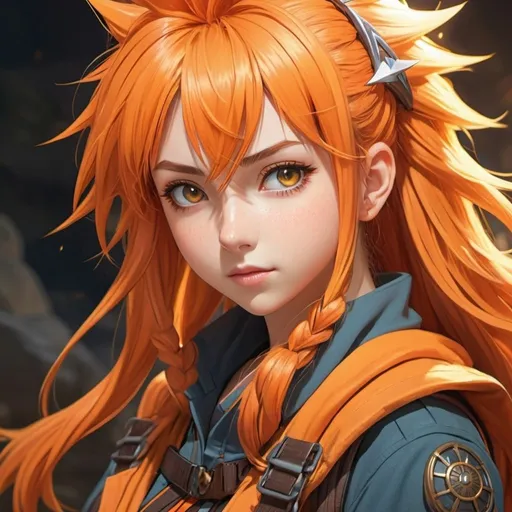 Prompt: High-quality anime illustration of a teenage lady with spiky long orange hair, adventurer outfit, determined expression, detailed eyes, vibrant color palette, anime style, detailed clothing, fantasy setting, cool lighting