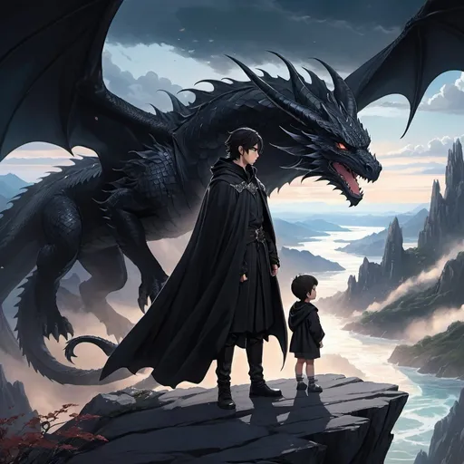 Prompt: Anime illustration of a young man in a black cloak, with dark hair, standing on a cliff, accompanied by a baby black dragon, intense and focused gaze, detailed eyes, cool tones, fantasy, detailed character design, scenic landscape, highres, anime, dark and mysterious, detailed dragon scales, atmospheric lighting