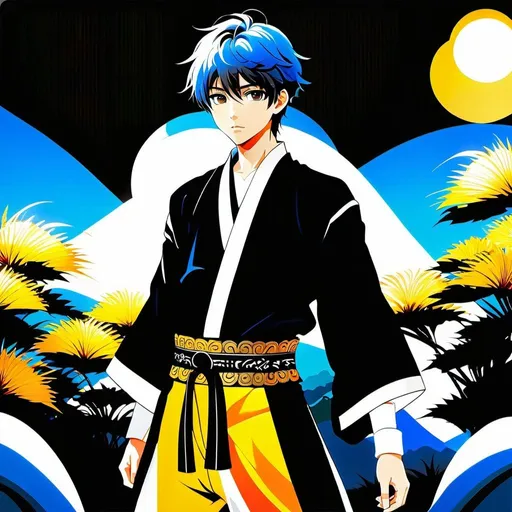 Prompt: Create a high-contrast anime-style illustration of a 16-year-old boy with dark hair. He is dressed in black pants and a white haori adorned with intricate patterns, worn over a black shirt with golden buttons. The boy wears a belt equipped with multiple pouches designed for storing various useful items. His gaze is directed towards the camera with a sense of curiosity and determination as he wanders through a vast plain filled with tall grass, the sunlight casting dramatic shadows and highlights across the scene. Additionally, use darker colors.