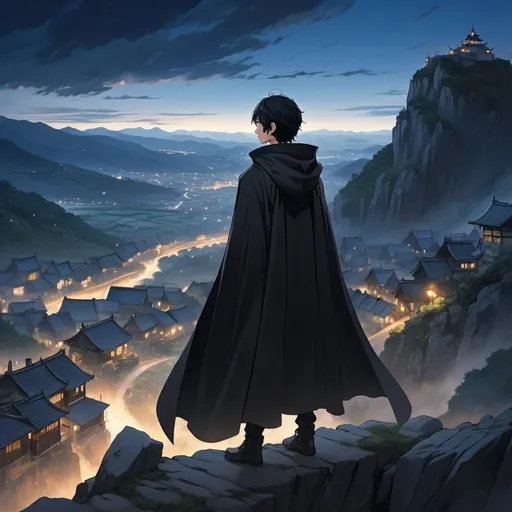 Prompt: Anime illustration of a young adult boy, medium-sized black hair, wearing a black cloak, staring at a village from atop a cliff, detailed eyes, atmospheric lighting, highres, anime, village scenery, intense gaze, cool tones, dramatic, detailed hair, dramatic lighting