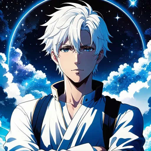 Prompt: Anime illustration of a man with white hair and clothing, detailed celestial background, highres, ultra-detailed, anime, detailed clothing, detailed background, cool tones, atmospheric lighting, arms crossed, white casual clothes, white powers