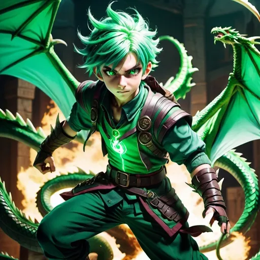 Prompt: mature boy with green hair, adventurer clothing, anime, detailed eyes, cool tones, action-packed, highres, fantasy, detailed outfit, dynamic pose, professional, atmospheric lighting, dragon powers, green dragon background, serious, ultra realistic