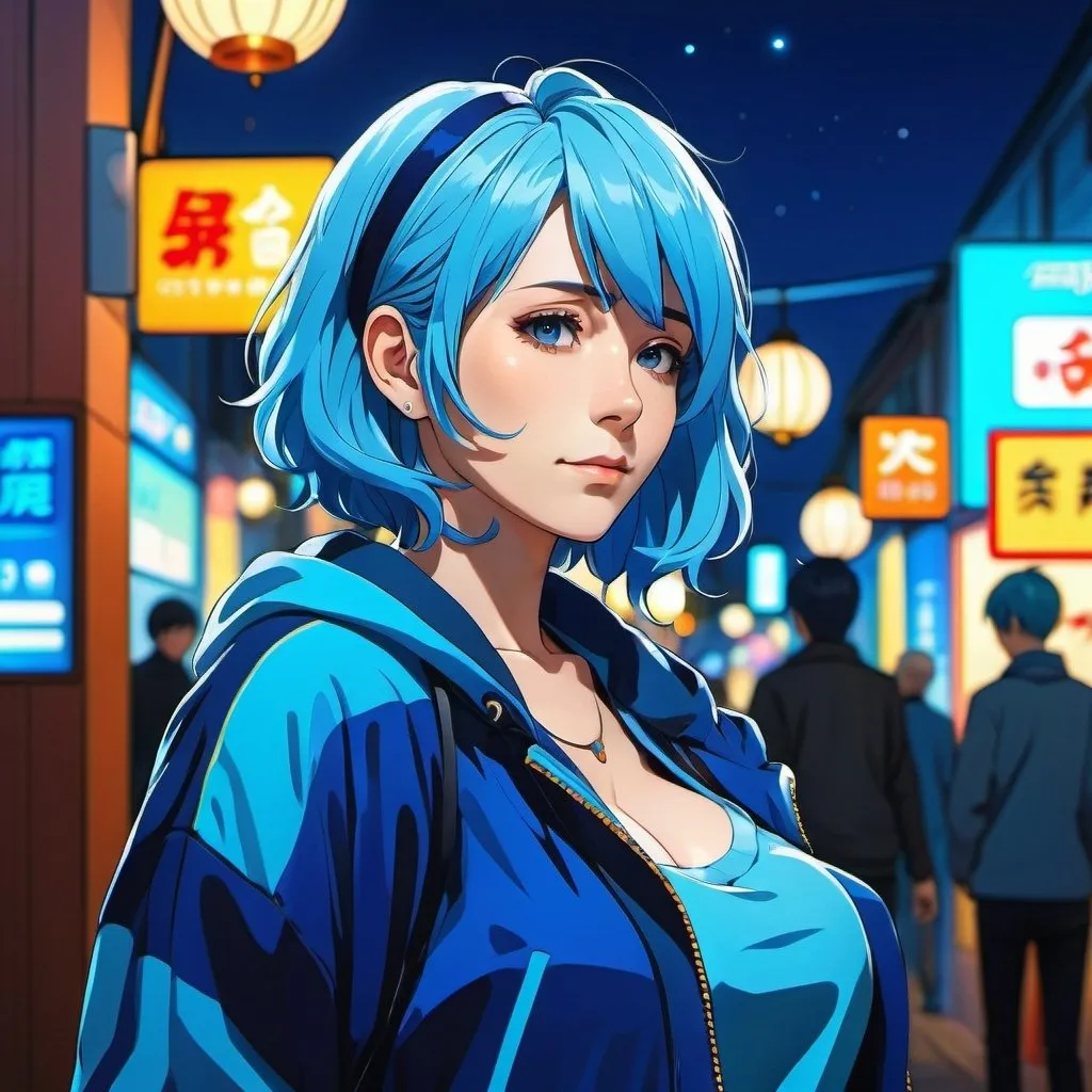Prompt: Anime illustration of an older woman with blue hair and clothing, detailed background, highres, ultra-detailed, anime, detailed clothing, detailed background, cool tones, atmospheric lighting