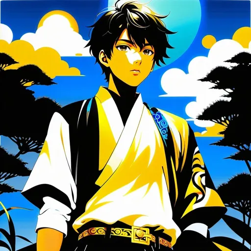 Prompt: Create a high-contrast anime-style illustration of a 16-year-old boy with dark hair. He is dressed in black pants and a white haori adorned with intricate patterns, worn over a black shirt with golden buttons. The boy wears a belt equipped with multiple pouches designed for storing various useful items. His gaze is directed towards the camera with a sense of curiosity and determination as he wanders through a vast plain filled with tall grass, the sunlight casting dramatic shadows and highlights across the scene.