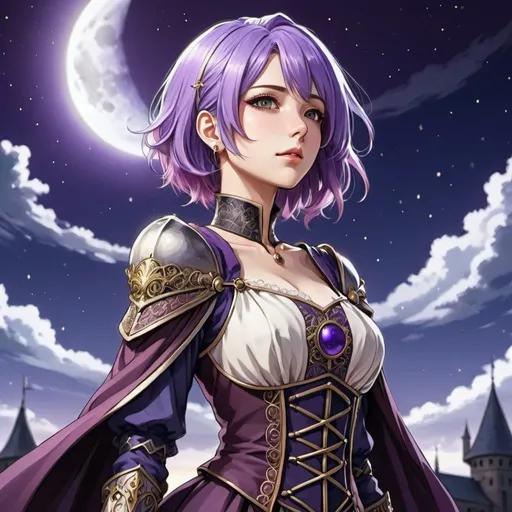 Prompt: Anime illustration of a woman with purple hair and clothing, detailed background, highres, ultra-detailed, anime, detailed clothing, detailed medieval background, cool tones, atmospheric lighting, royal clothes, moon powers, visible moon in the background