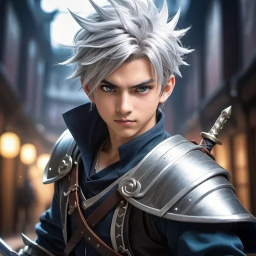 Prompt: mature looking 17-year-old teenage swordsman with silver spiky hair, adventurer clothing, anime, detailed eyes, cool tones, action-packed, highres, fantasy, detailed outfit, dynamic pose, professional, atmospheric lighting