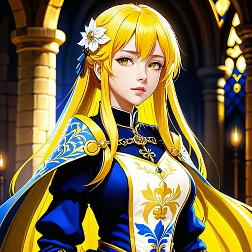 Prompt: Anime illustration of a woman with yellow hair and clothing, detailed background, highres, ultra-detailed, anime, detailed clothing, detailed medieval background, cool tones, atmospheric lighting, royal clothes