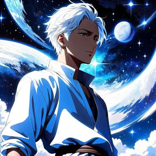 Prompt: Anime illustration of a man with white hair and clothing, detailed celestial background, highres, ultra-detailed, anime, detailed clothing, detailed background, cool tones, atmospheric lighting, white casual clothes, white powers