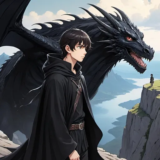 Prompt: Anime illustration of a young man with dark hair wearing a black cloak and looking down from above a cliff with his pet black dragon on his shoulder