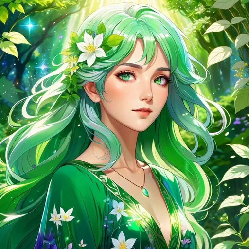 Prompt: Anime illustration of a mature older woman with green hair and nature powers, vibrant and lush greenery, flowing floral dress, detailed eyes, magical aura surrounding her, ethereal and mystical atmosphere, high quality, anime, nature powers, vibrant colors, detailed hair, mystical, magical aura, lush greenery, floral dress, atmospheric lighting