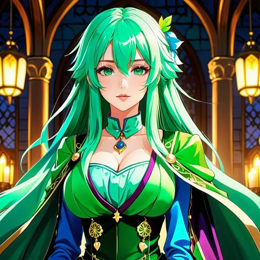 Prompt: Anime illustration of a woman with green hair and clothing, detailed background, highres, ultra-detailed, anime, detailed clothing, detailed medieval background, cool tones, atmospheric lighting, royal clothes