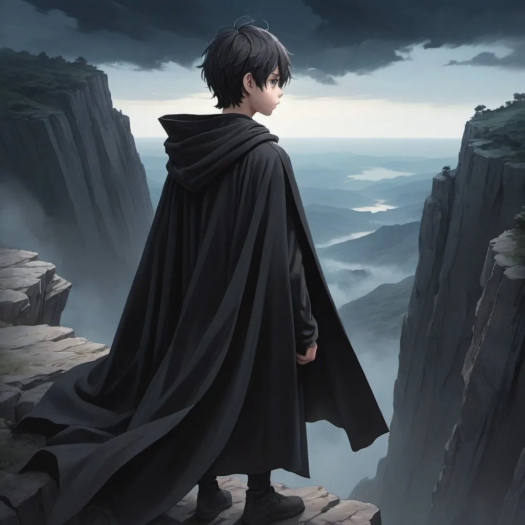 Anime illustration of a boy in a black cloak, on top...