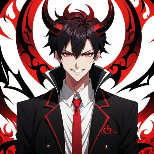 Prompt: Anime illustration of a man with black and red hair and clothing, detailed devilish background, hellish background, highres, ultra-detailed, anime, detailed clothing, detailed background, cool tones, atmospheric lighting, white simple clothes, devil powers, devil king, black horns, black crown, evil smile, teeth showing