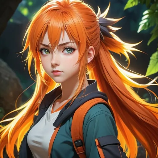 Prompt: High-quality anime illustration of a 17 year old teenage lady with spiky long orange hair, adventurer outfit, determined expression, detailed eyes, vibrant color palette, anime style, detailed clothing, fantasy setting, cool lighting