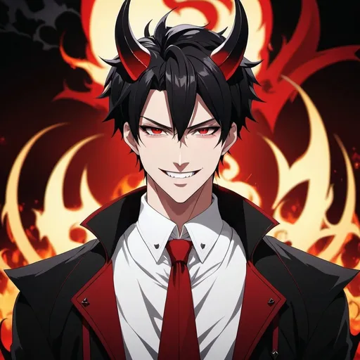 Prompt: Anime illustration of a man with black and red hair and clothing, detailed devilish background, hellish background, highres, ultra-detailed, anime, detailed clothing, detailed background, cool tones, atmospheric lighting, white simple clothes, devil powers, devil king, pointy black horns, black crown, evil smile, teeth showing