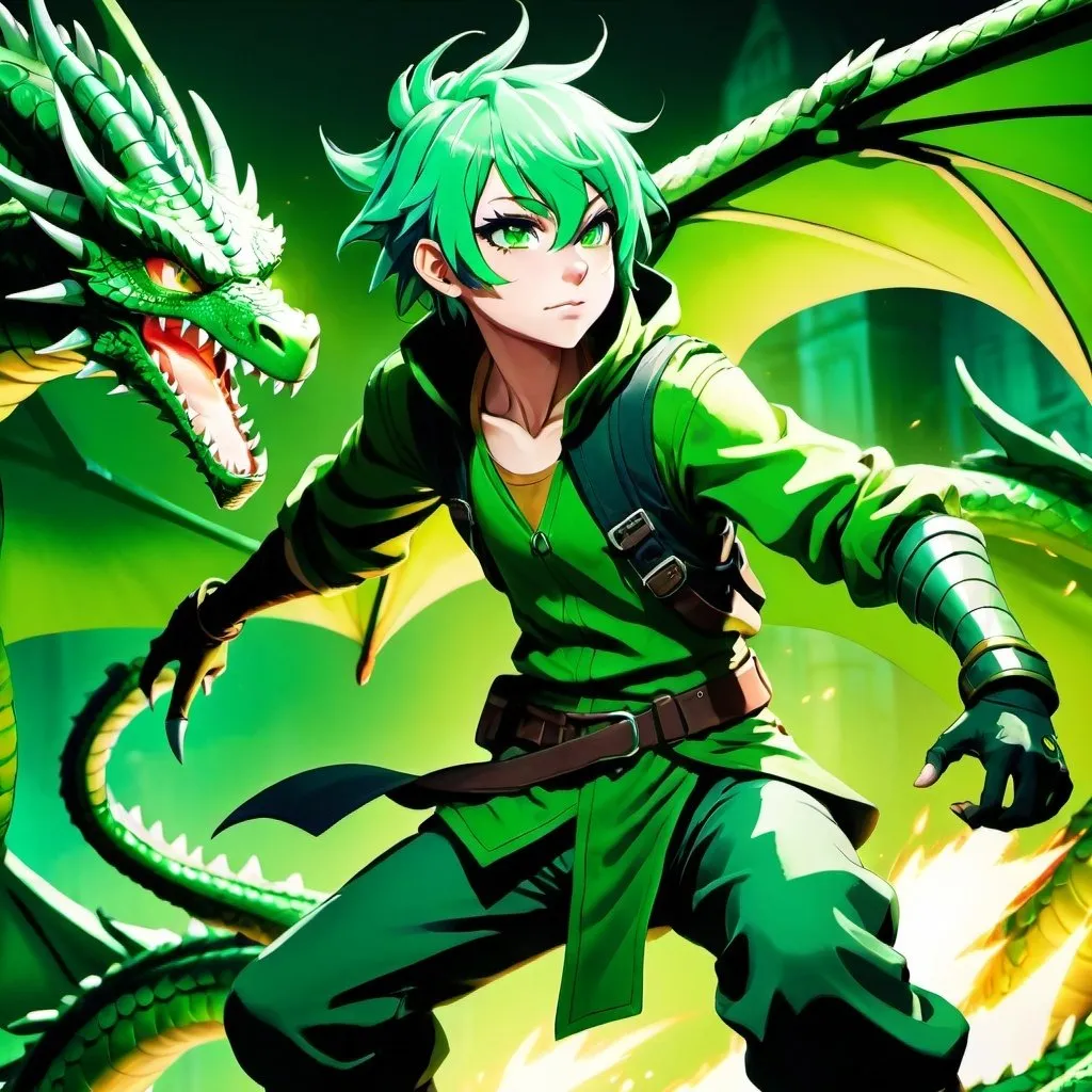 Prompt: mature looking teenager with green hair, adventurer clothing, anime, detailed eyes, cool tones, action-packed, highres, fantasy, detailed outfit, dynamic pose, professional, atmospheric lighting, dragon powers, green dragon background