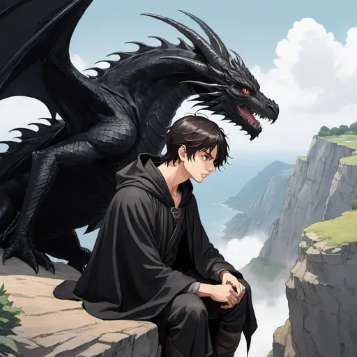 Prompt: Anime illustration of a young man with dark hair wearing a black cloak and looking down from above a cliff with his pet black dragon on his shoulder
