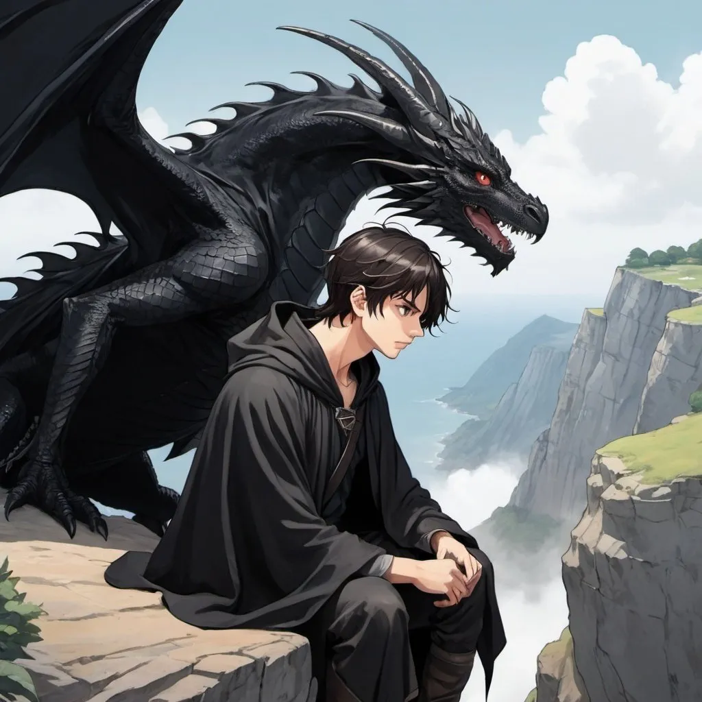 Prompt: Anime illustration of a young man with dark hair wearing a black cloak and looking down from above a cliff with his pet black dragon on his shoulder