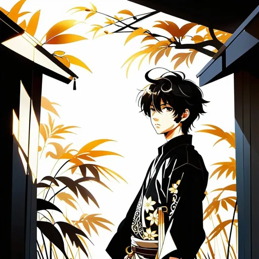 Prompt: Create a high-contrast anime-style illustration of a 16-year-old teenage boy with dark hair. He is dressed in black pants and a white haori adorned with intricate patterns, worn over a black shirt with golden buttons. The boy wears a belt equipped with multiple pouches designed for storing various useful items. His gaze is directed towards the camera with a sense of curiosity and determination as he wanders through a vast plain filled with tall grass, the sunlight casting dramatic shadows and highlights across the scene.