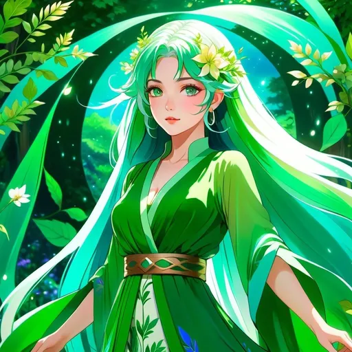 Prompt: Anime illustration of a mature woman with green hair and nature powers, vibrant and lush greenery, flowing floral dress, detailed eyes with a serene expression, magical aura surrounding her, ethereal and mystical atmosphere, high quality, anime, nature powers, vibrant colors, detailed hair, serene expression, mystical, magical aura, lush greenery, floral dress, atmospheric lighting