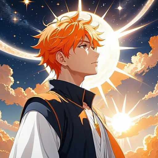 Prompt: Anime illustration of a man with orange hair and clothing, detailed celestial background, sun background, highres, ultra-detailed, anime, detailed clothing, detailed background, cool tones, atmospheric lighting, white simple clothes, sun powers, sun god
