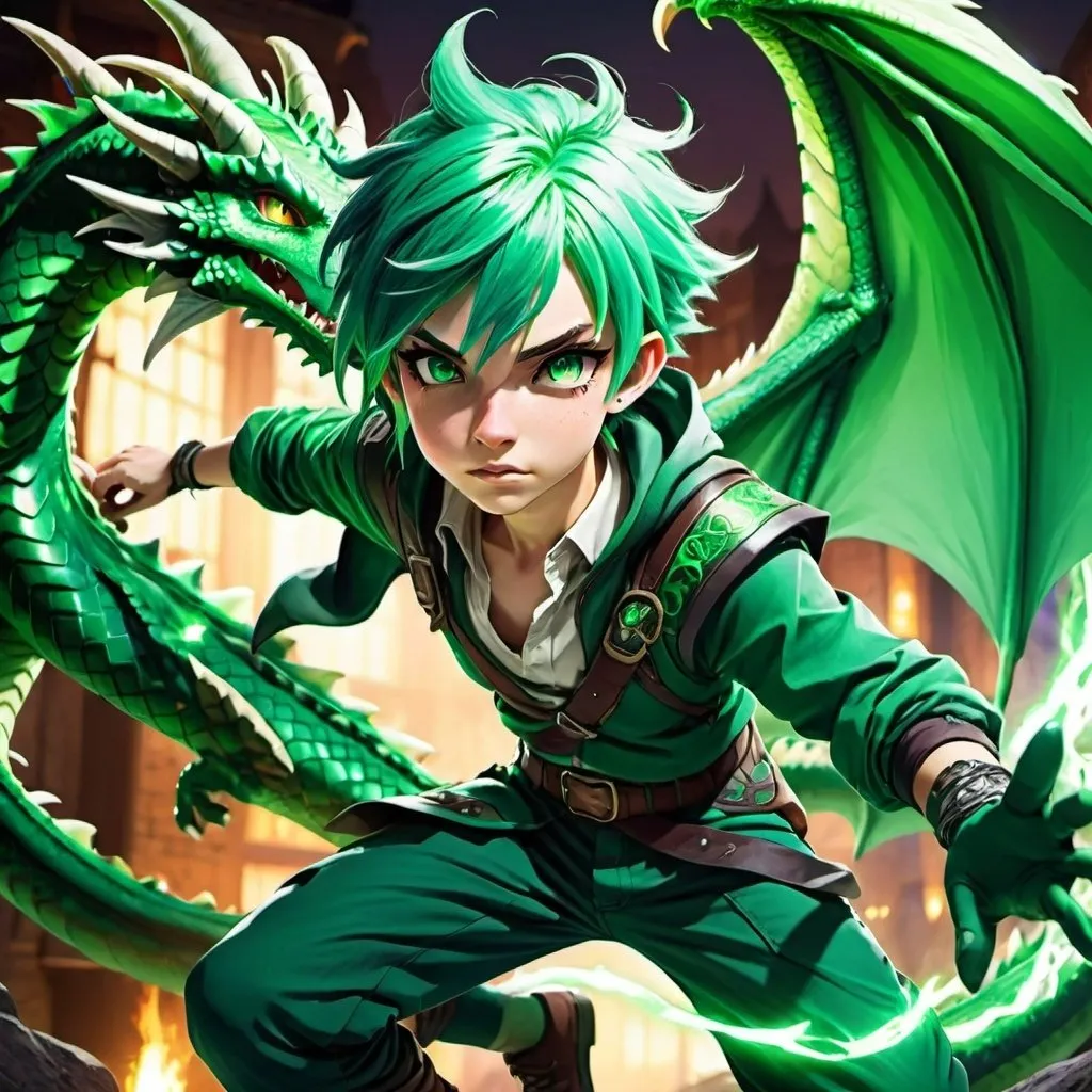 Prompt: mature looking teenager with green hair, adventurer clothing, anime, detailed eyes, cool tones, action-packed, highres, fantasy, detailed outfit, dynamic pose, professional, atmospheric lighting, dragon powers, green dragon background