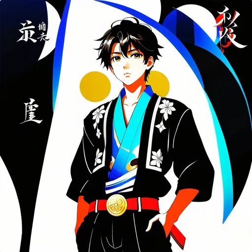 Prompt: Create a high-contrast anime-style illustration of a 16-year-old boy with dark hair. He is dressed in black pants and a white haori adorned with intricate patterns, worn over a black shirt with golden buttons. The boy wears a belt equipped with multiple pouches designed for storing various useful items. His gaze is directed towards the camera with a sense of curiosity and determination as he wanders through a vast plain filled with tall grass. Additionally, use darker colors.