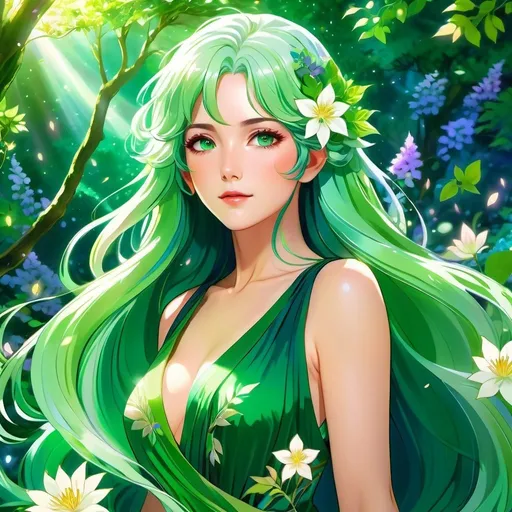 Prompt: Anime illustration of a mature woman with green hair and nature powers, vibrant and lush greenery, flowing floral dress, detailed eyes with a serene expression, magical aura surrounding her, ethereal and mystical atmosphere, high quality, anime, nature powers, vibrant colors, detailed hair, serene expression, mystical, magical aura, lush greenery, floral dress, atmospheric lighting