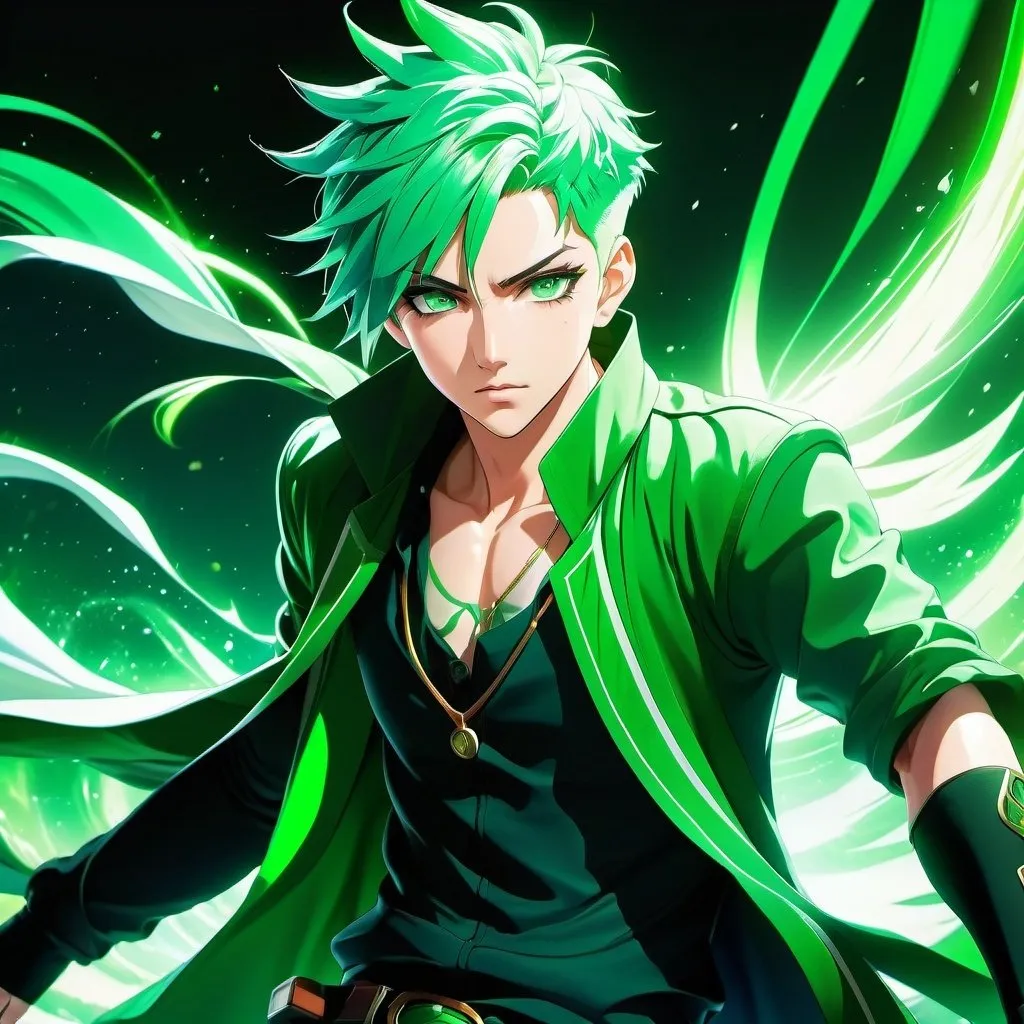 Prompt: man with green hair, anime, detailed eyes, cool tones, action-packed, highres, fantasy, detailed outfit, dynamic pose, professional, atmospheric lighting, vague expression, green colored life powers, energy, nature background, sage clothing