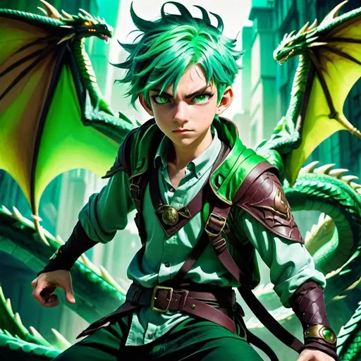 Prompt: mature looking teenage boy with green hair, adventurer clothing, anime, detailed eyes, cool tones, action-packed, highres, fantasy, detailed outfit, dynamic pose, professional, atmospheric lighting, dragon powers, green dragon background, serious, ultra realistic
