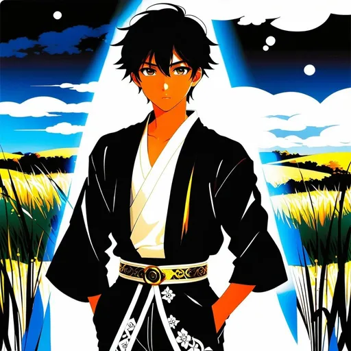 Prompt: Create a high-contrast anime-style illustration of a 16-year-old boy with dark hair. He is dressed in black pants and a white haori adorned with intricate patterns, worn over a black shirt with golden buttons. The boy wears a belt equipped with multiple pouches designed for storing various useful items. His gaze is directed towards the camera with a sense of curiosity and determination as he wanders through a vast plain filled with tall grass, the sunlight casting dramatic shadows and highlights across the scene. Additionally, use darker colors.