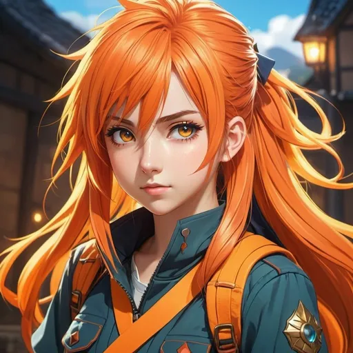 Prompt: High-quality anime illustration of a teenage lady with spiky long orange hair, adventurer outfit, determined expression, detailed eyes, vibrant color palette, anime style, detailed clothing, fantasy setting, cool lighting