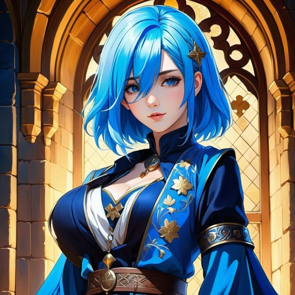 Prompt: Anime illustration of a woman with blue hair and clothing, detailed background, highres, ultra-detailed, anime, detailed clothing, detailed medieval background, cool tones, atmospheric lighting, royal clothes