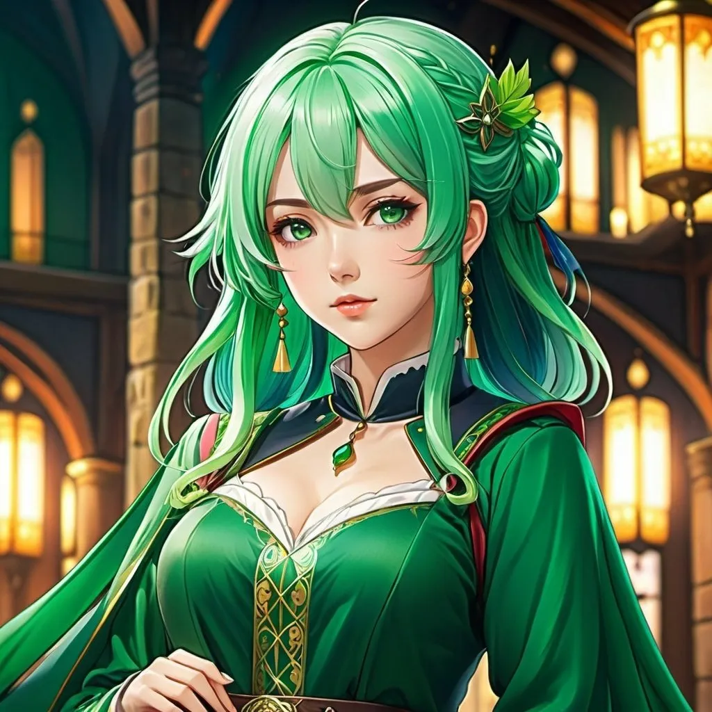 Prompt: Anime illustration of a woman with green hair and clothing, detailed background, highres, ultra-detailed, anime, detailed clothing, detailed medieval background, cool tones, atmospheric lighting, royal clothes