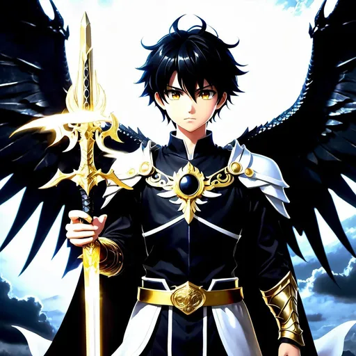 Prompt: 16-year-old anime boy with a black dragon and a dark aura sword, facing a god-like angel with 10 wings, glowing eyes and a golden sword, medium animation, fantasy, detailed black hair, intense gaze, dark aura, ethereal angelic figure, dragon companion, golden glowing angel, anime, fantasy, medium animation, detailed eyes, dramatic lighting