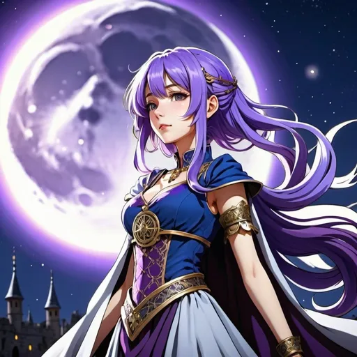 Prompt: Anime illustration of a woman with purple hair and clothing, detailed background, highres, ultra-detailed, anime, detailed clothing, detailed medieval background, cool tones, atmospheric lighting, royal clothes, moon powers, visible moon in the background