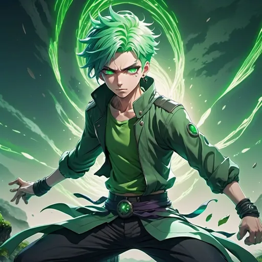 Prompt: man with green hair, anime, detailed eyes, cool tones, action-packed, highres, fantasy, detailed outfit, dynamic pose, professional, atmospheric lighting, vague expression, green colored life powers, energy, nature background, sage clothing