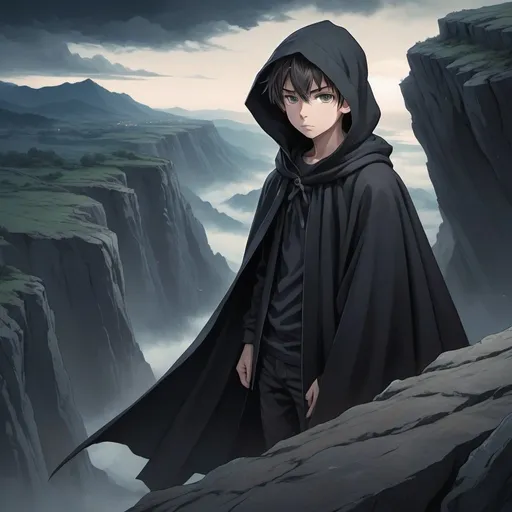 Prompt: Anime illustration of a boy in a black cloak, on top of a cliff, intense and focused gaze, detailed fabric with realistic folds, cool tones, atmospheric lighting, anime, highres, detailed eyes, dramatic, cliffside, cool tones