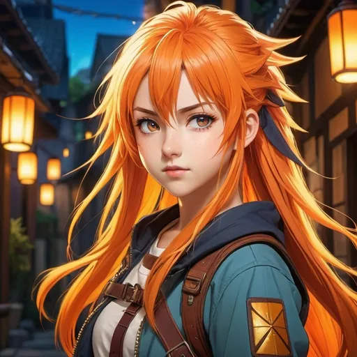 Prompt: High-quality anime illustration of a 17 year old teenage lady with spiky long orange hair, adventurer outfit, determined expression, detailed eyes, vibrant color palette, anime style, detailed clothing, fantasy setting, cool lighting