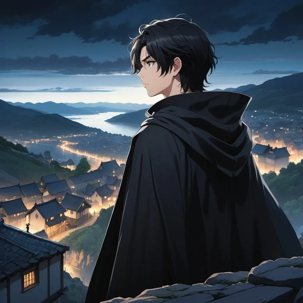 Prompt: Anime illustration of a young adult boy, medium-sized black hair, wearing a black cloak, staring at a village from atop a cliff, detailed eyes, atmospheric lighting, highres, anime, village scenery, intense gaze, cool tones, dramatic, detailed hair, dramatic lighting