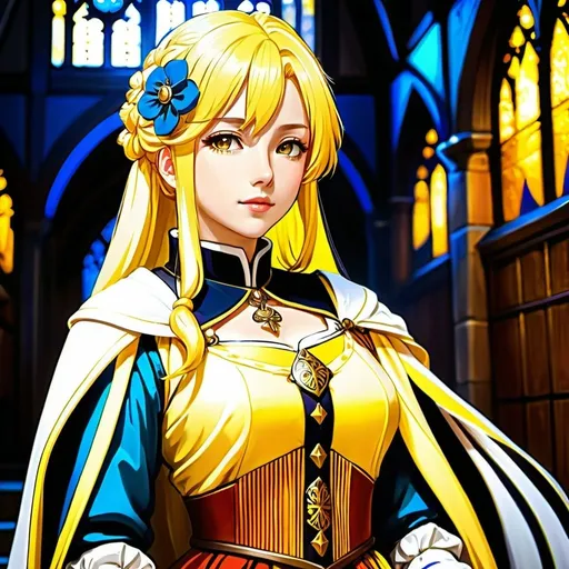 Prompt: Anime illustration of a woman with yellow hair and clothing, detailed background, highres, ultra-detailed, anime, detailed clothing, detailed medieval background, cool tones, atmospheric lighting, royal clothes
