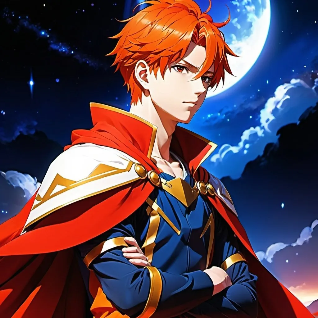 Prompt: Anime illustration of a man with red to orange hair and clothing, similar to baryon mode, detailed background, highres, ultra-detailed, anime, detailed clothing, detailed background, cool tones, atmospheric lighting, arms crossed, red and orange clothes, red cape with tails, baryon mode