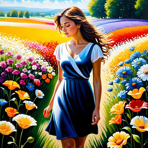 Prompt: Highly detailed field of diverse flowers, young lady in white dress, sunny and vibrant, professional, realistic, oil painting, elegant, colorful, floral abundance, detailed petals, serene atmosphere, professional, vibrant colors, detailed dress, natural lighting