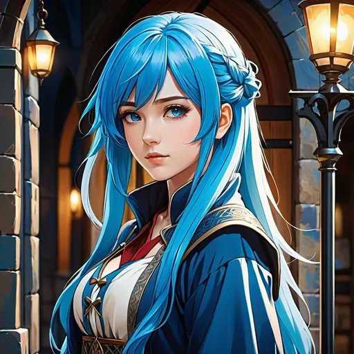 Prompt: Anime illustration of a woman with blue hair and clothing, detailed background, highres, ultra-detailed, anime, detailed clothing, detailed medieval background, cool tones, atmospheric lighting