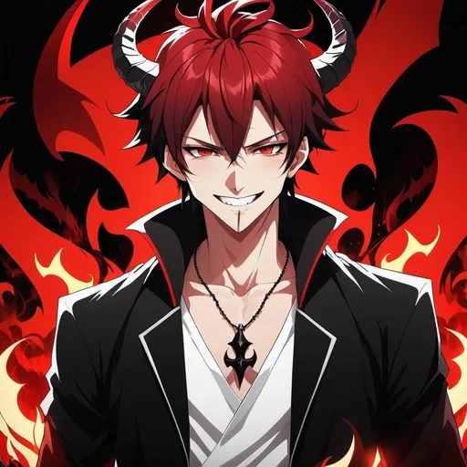 Prompt: Anime illustration of a man with black and red hair and clothing, detailed devilish background, hellish background, highres, ultra-detailed, anime, detailed clothing, detailed background, cool tones, atmospheric lighting, white simple clothes, devil powers, devil king, black horns, black crown, evil smile, teeth showing