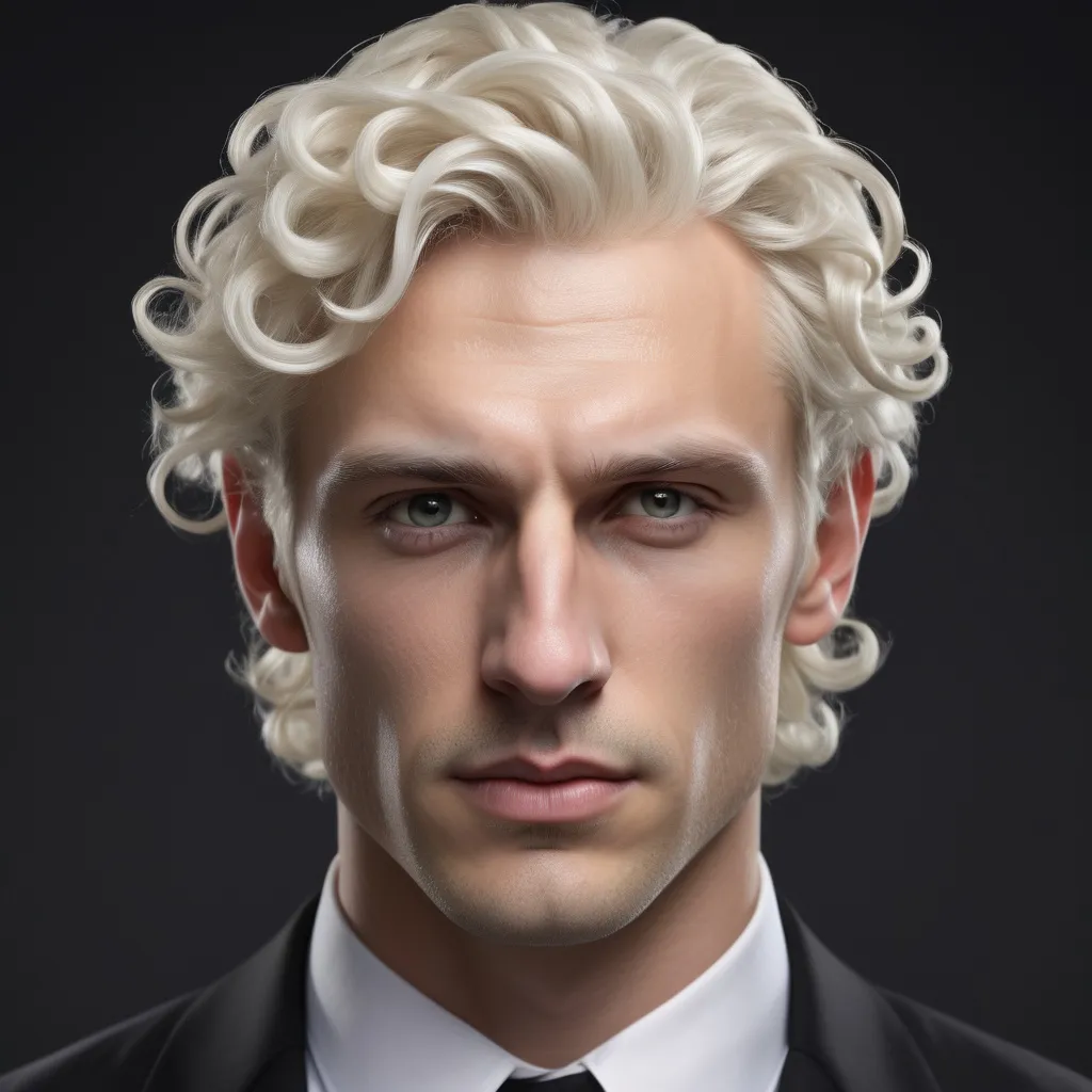 Prompt: Realistic Caucasian man with white complexion skin, with white natural curly coiffed elegant hair, medium long, elegant sharp, angular features, sharp nose,sharp intimidating eyes, slightly frowning expression, tired eyes with dark circles, high masculine cheekbones and well defined jawline, white eyebrows dressed into business clothes and wearing a black shirt that is slightly unbottomed revealing his necklace, body build athletic , close-up portrait, soft focus, , silhouette, detailed clothing, realistic, natural lighting